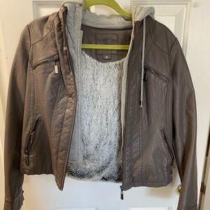 Women's Gray Faux Leather Jacket with Heather Gray Hood